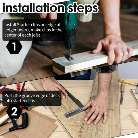 Installation steps for Starter Deck Clips Set For Composite Decking Hidden Fasteners Trex Z Clips with tools and wood