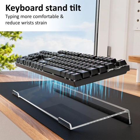 Acrylic Tilted Keyboard Stand For Ergonomic Typing With Clear Tray And Non Slip Silicone Case Wide 17 Inch Keyboard Holder.