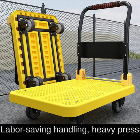 Rugged Heavy Duty Platform Cart Dolly With Thick Steel Flatbed Foldable Handrail 5 Inch TPR Wheels 360 Degree Swivel Rear Wheel Ultra Durable Warehouse Load Carrier For Heavy Duty Transport, yellow