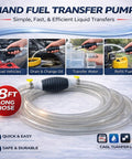 Hand fuel transfer pump with 8ft hose, simple and efficient liquid transfer, refuel vehicles, drain change oil. Illustration showing usage.