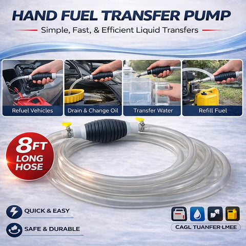 Hand fuel transfer pump with 8ft hose, simple and efficient liquid transfer, refuel vehicles, drain change oil. Illustration showing usage.