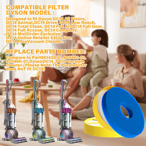 Front Filter Replacement For DC14 DC15 Animal All Floors Vacuum Cleaners Easy Snap In Front Motor Filter Fits 90142001 90540101 92348001 Non Original Part Keeps Suction Strong And Mess Free showing three vacuum models with two blue and yellow replacement filters.