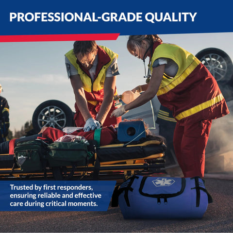 Blue First Responder II trauma kit bag on a stretcher with emergency responders treating a patient.