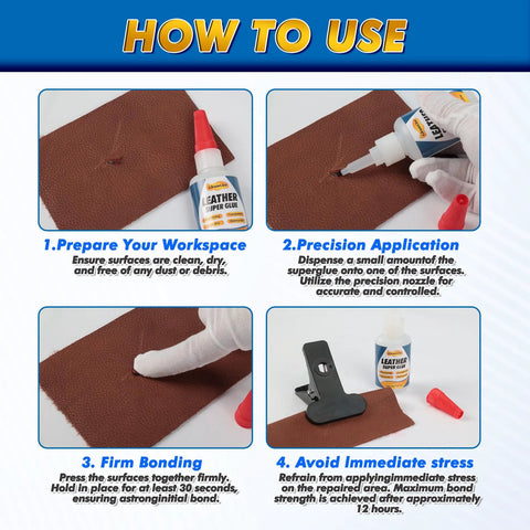 Instructions for using Leather Glue 1.23 Oz Ultra Strong Clear Waterproof Adhesive For Leather Repair On Shoes Sofas Car Seats Bags And More
