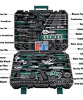 238-Piece Tool Set With Socket Wrench And Auto Repair Tools In Green Plastic Toolbox Case, tools organized in labeled slots.