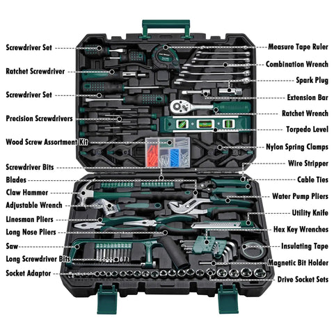 238-Piece Tool Set With Socket Wrench And Auto Repair Tools In Green Plastic Toolbox Case, tools organized in labeled slots.