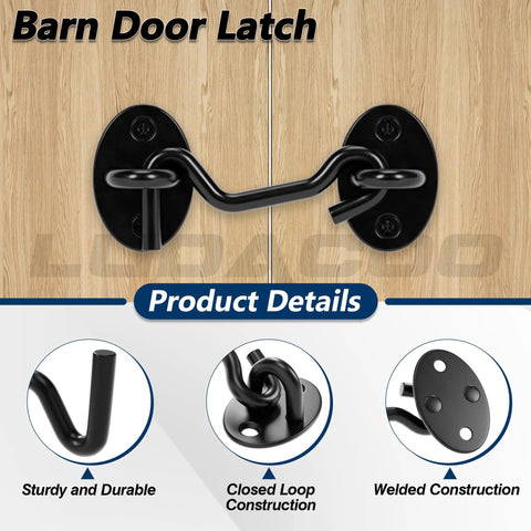 Bulletproof 3 Inch Hook And Eye Gate Latch Straight Up Heavy Duty Barn Door Lock with black powder coated finish on wood.