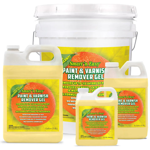 Assorted sizes of paint remover gel with orange citrus scent and bright labels for DIY projects.
