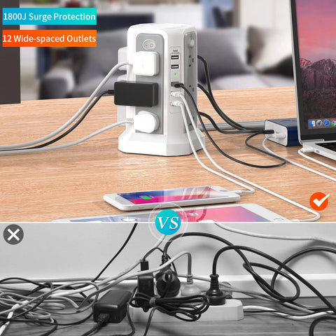 Surge Protector Power Strip Tower with PD18W USB C Port, 10 ft cord, 12 AC outlets, charging multiple devices in home office.