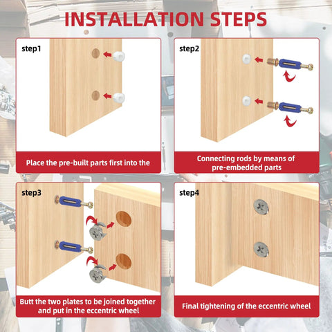 Installation steps for All In One Heavy Duty Pro Grade Furniture Hardware Kit With Cam Lock Fasteners And Eccentric Wheel Screws