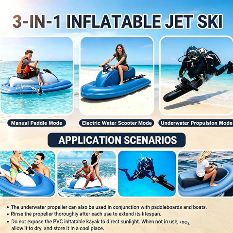 Electric Rush Wave Surf Boat Jet Ski Inflatable Underwater Scooter 700W Pro 16A showing different ride modes at the beach.