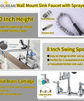 Commercial Sink Faucet With Sprayer And Pre Rinse Wall Mount 8 Inch Center 20 Inch Tall With 8 Inch Swivel Spout details
