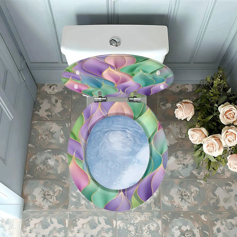 Toilet Seat Round Resin for Bathroom with colorful layered design, fitting standard round toilets, top view in modern bathroom.