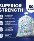 Ultra Tough 55 To 60 Gallon Trash Bags 1.5 Mil Clear Liners filled with bottles, showing tear-resistant features and durability icons.