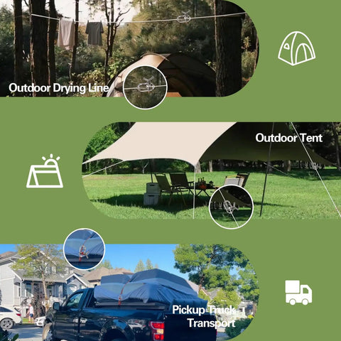Hand Operated Mini Winch For Outdoor Use Built Tough With Rust Proof Aluminum Delivers Smooth Tension For Tent Ropes Clotheslines And Pool Covers Compact yet durable mini winch shown on tent line, drying line, and pickup truck.