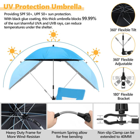 UV protection umbrella with flexible tilt and adjustable bracket, shown on heavy duty beach camping chairs