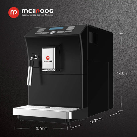 Totally Automatic Espresso Coffee Maker Featuring Responsive Touchscreen Interface and sleek black chassis, dimensions 14.6in x 18.7mm x 9.7mm.