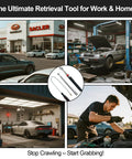 3 In 1 Magnetic Pickup Set With 15 Lb Telescoping Retriever in garage with cars and mechanic working on engine