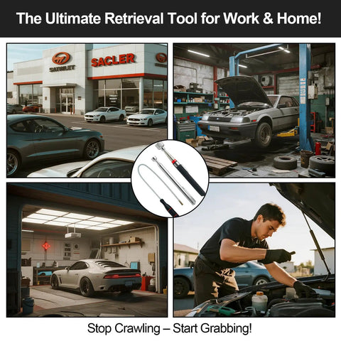 3 In 1 Magnetic Pickup Set With 15 Lb Telescoping Retriever in garage with cars and mechanic working on engine