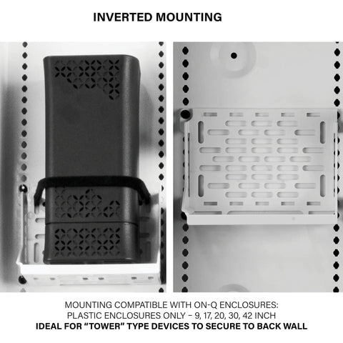 Inverted mounting of Heavy Duty Shelf Mounting Bracket For Routers Modems And Tall ISP Gear White Easy Tool Free Install