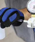 Heavy Duty Hand Vacuum Pump Brake Bleeder Kit With Gearless Diaphragm Gauge in use, showing gloves and integrated gauge.