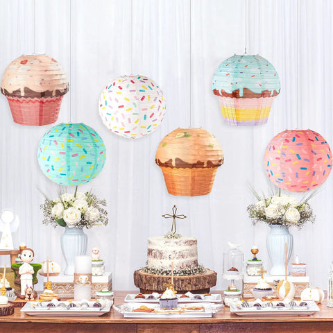 Six Pack Donut Party Hanging Paper Lanterns With Sprinkle Cupcake Designs for birthday tablescape decor