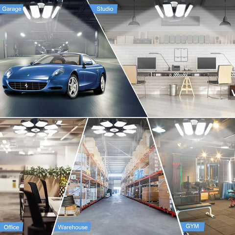 Two Pack 240W LED Garage Light With 24000 Lumens 6500K Daylight Eight Plus One Deformable Panels For E26 E27 Sockets installed in various settings
