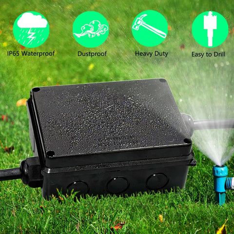 Angled front view: Outdoor IP65 waterproof junction box in black ABS plastic; side cord entry, 5.9×4.3×2.8 in