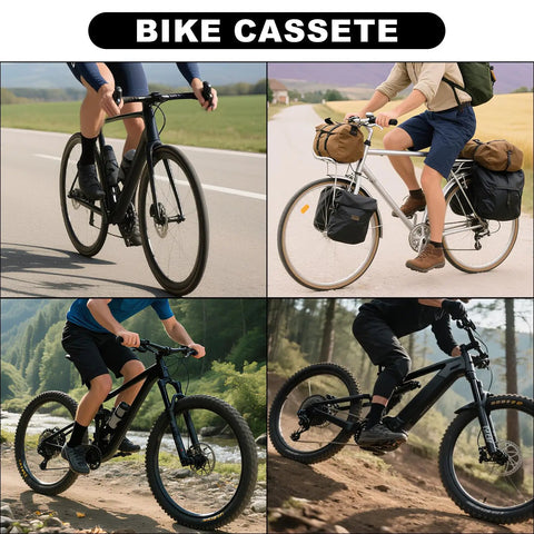 Beefy 8 Speed Bike Cassette 11 To 28 Tooth Range for mountain, folding, and commuter bikes shown on various terrains