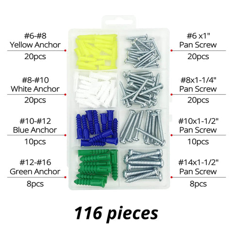 116 Piece Wall Anchor Kit With 4 Sizes And Screws, Plastic Drywall Wall Plugs For Wallboard And Concrete, Expansion Bolts