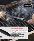 Heavy Duty Grill Tool Set For Serious Barbecues With Spatula Fork Tongs And Basting Brush Premium Stainless Construction Ideal For Backyard Barbecue Or Restaurant Outdoor Kitchen Gift For Fathers Day Dad in use on a grill with steaming food.