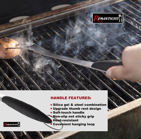 Heavy Duty Grill Tool Set For Serious Barbecues With Spatula Fork Tongs And Basting Brush Premium Stainless Construction Ideal For Backyard Barbecue Or Restaurant Outdoor Kitchen Gift For Fathers Day Dad in use on a grill with steaming food.