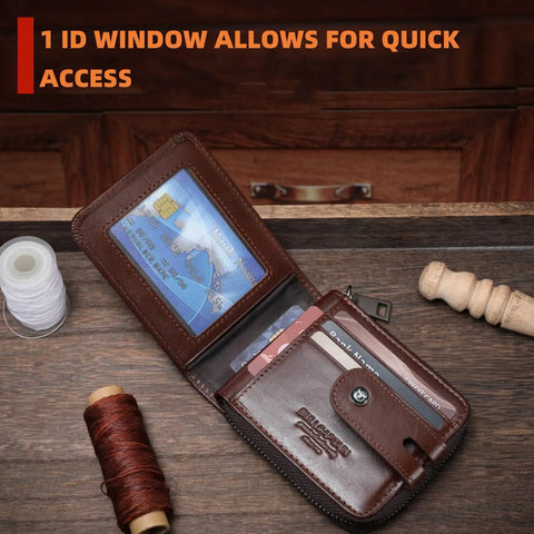 Open Genuine Leather Men's Wallet With Zipper, RFID Blocking, showing 14 Card Slots and 1 ID Window, in coffee color
