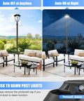 Day and night view of 80W LED Post Top Light With Photocell, Adjustable CCT 3000K 4000K 5000K, 120 Degree Beam, 8400LM Outdoor Pole Light, IP65 Waterproof, ETL Listed, No Flicker, Beast Mode Bright, Commercial Grade Area Light in garden setting