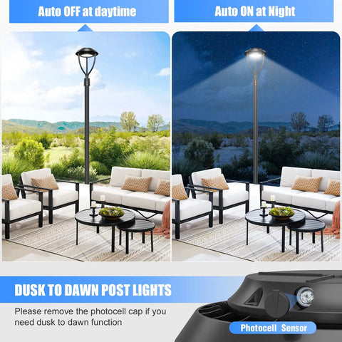 Day and night view of 80W LED Post Top Light With Photocell, Adjustable CCT 3000K 4000K 5000K, 120 Degree Beam, 8400LM Outdoor Pole Light, IP65 Waterproof, ETL Listed, No Flicker, Beast Mode Bright, Commercial Grade Area Light in garden setting