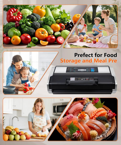 Collage of vibrant produce, family picnic, cooking at home, and Beast 95KPa Vacuum Sealer Machine For Home Cooks And Pros, Black Silver.