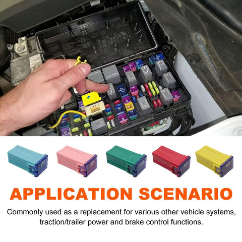 Top Shelf Road Ready Square Auto Fuses 10 Piece Assorted Kit Covers 20 Through 60 Amp in vehicle fuse box shown with hand.