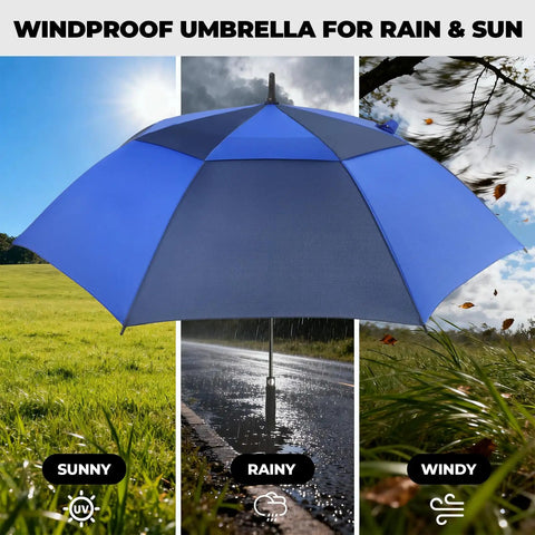 Heavy Duty Golf Umbrella With Windproof Vented Double Canopy And Swift Auto Open delivers no sweat storm shielding for dope rain coverage outdoors.