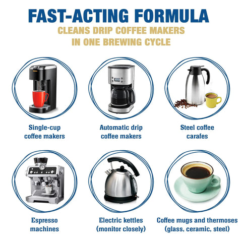 Image showing single-cup coffee makers, automatic drip makers, steel carafes, espresso machines, and electric kettles with Coffee Maker Cleaner Two Pack 12 Oz Bottles Removes Stains And Oily Residue From Espresso Machines Carafes Thermoses Drip Coffee Pots Single Cup Makers And More For Cleaner Better Tasting Coffee.