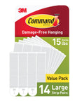Large Picture Hanging Strips Set for Frames Up To 24 x 36 Inches, 28 Strips, 14 Pairs, White Adhesive shown on green and red packaging