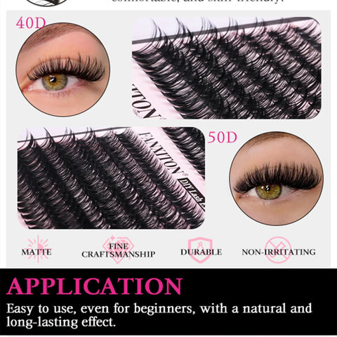 Lash Extension Kit With 280 Mink Like Cluster Lashes D Curl Volume 9 To 16 Mm 40D 50D shown in close-up application views