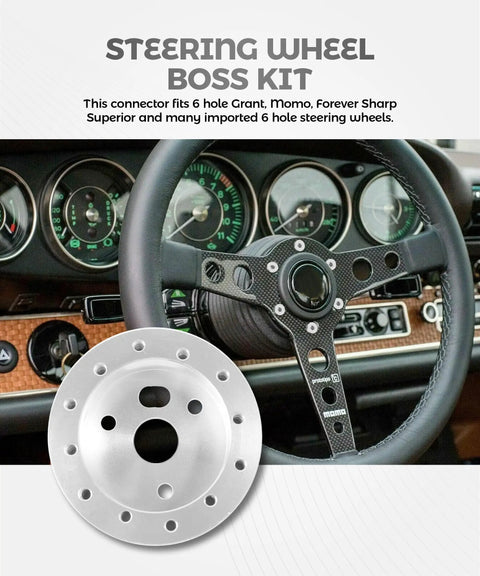 Slick Billet Aluminum Steering Wheel Adapter Hub Conversion Kit Plug And Play Six Hole To Three Bolt Polished Spacer close-up view