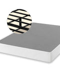 Full Size Heavy Duty Metal Box Spring With No Sweat Setup And Five Year Warranty Durable Mattress Support close-up of steel frame and mattress top.