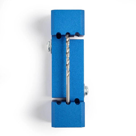 Derby Car Drill Jig For Precise Axle Holes Create Straight Or 2.5 Degree Angled Holes And Raised Wheel Holes To Speed Up Your Pinewood Derby Build, Save Time, And Get A Cleaner, Faster Car On Race Day, blue aluminum jig with drill bit