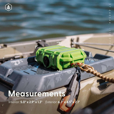 Badass Mil Spec Waterproof Dry Box Case For Cameras Camping And Survival Gear IP67 Crushproof Floating Design USA Made with measurements shown.
