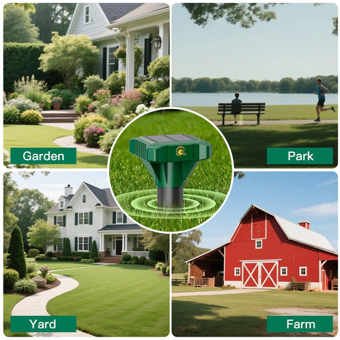 Solar Powered Mole And Gopher Deterrent Eight Pack with Ultrasonic Waves, shown in garden, yard, park, and farm settings.