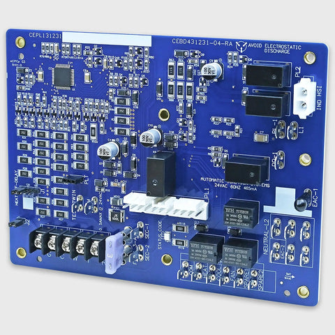 Zero Stress HK42FZ086 Replacement Control Board For Carrier Payne Bryant Furnaces close-up view of blue electronics board for furnace setups.