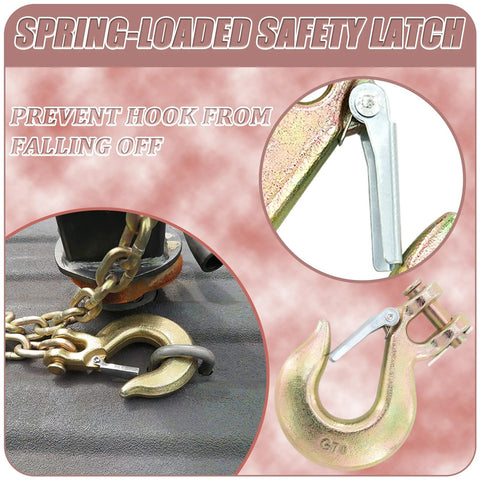 2-pack 3/8-inch clevis chain hooks with spring-loaded safety latch; heavy-duty, Amazon brand.