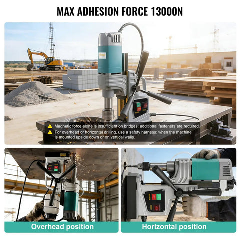Massive 2-Inch Industrial Magnetic Drill Press With 1450W Motor For Heavy Duty Metal Work in overhead and horizontal positions.