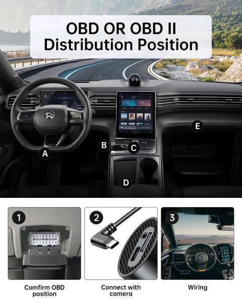 Interior of car showing OBD2 to USB-C dash cam power cable setup for hidden installation in dashboard
